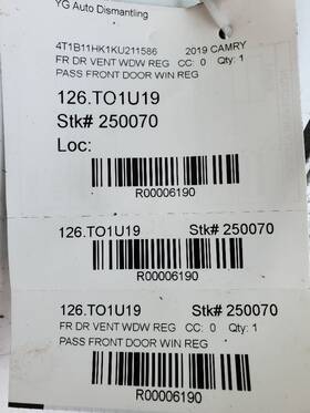 126.to1u19 Toyota Camry 2019 Door Vent Window Regulator Front 6190